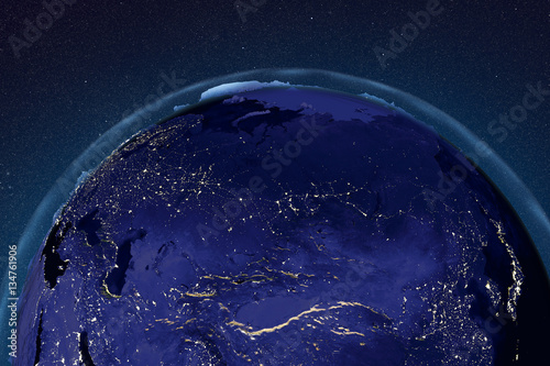Planet Earth from space showing Russia in night with enhanced bump, 3D illustration, Elements of this image furnished by NASA
