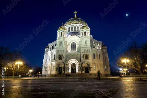 View of the Kronstadt Naval Cathedral in the Christmas winter ev