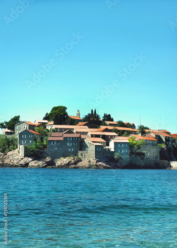 View of the peninsula with houses with red roofs, maritime Bay,
