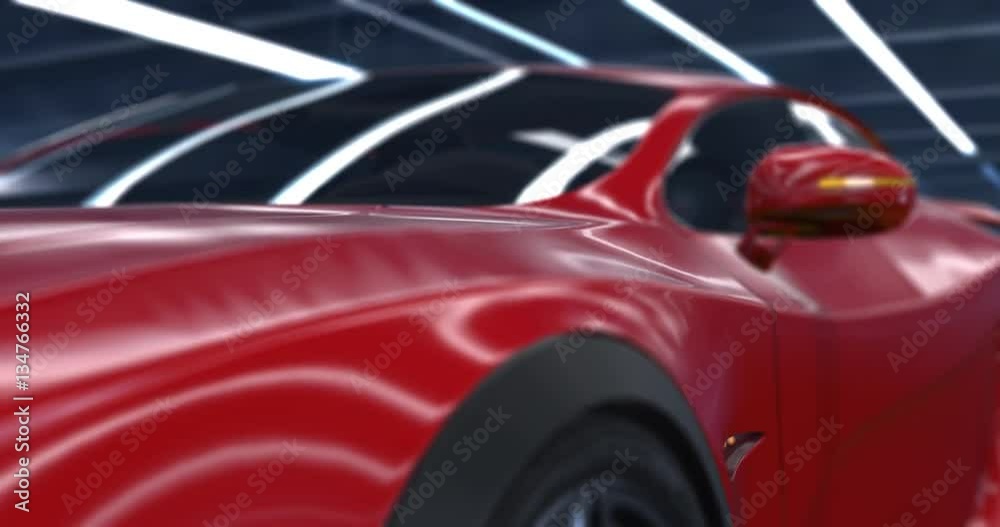 Generic luxury red sports car 3d animation. Close-up camera shots with depth of field.