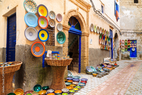 Colorful ceramic souvenirs on the street in a shop in Morocco