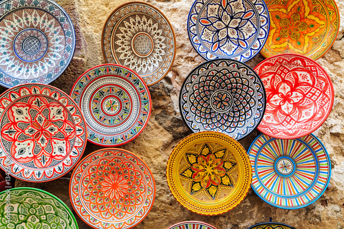 Colorful dish souvenirs in a shop in Morocco