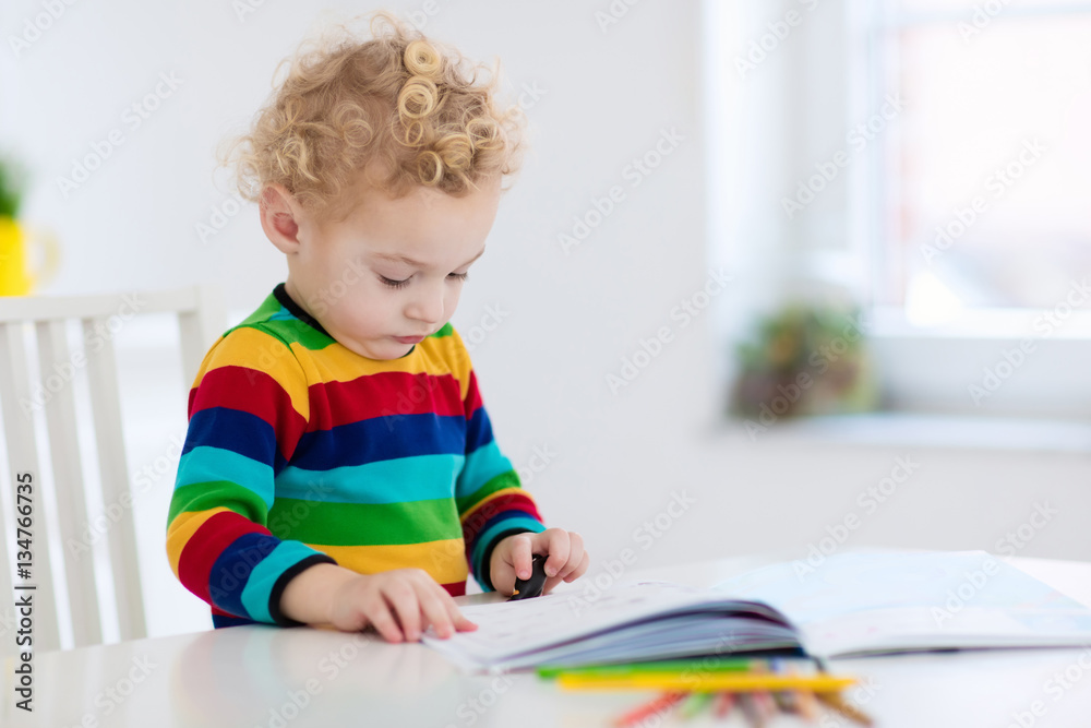 Kids read, write and paint. Child doing homework. Kids read, write and paint. Child doing homework.