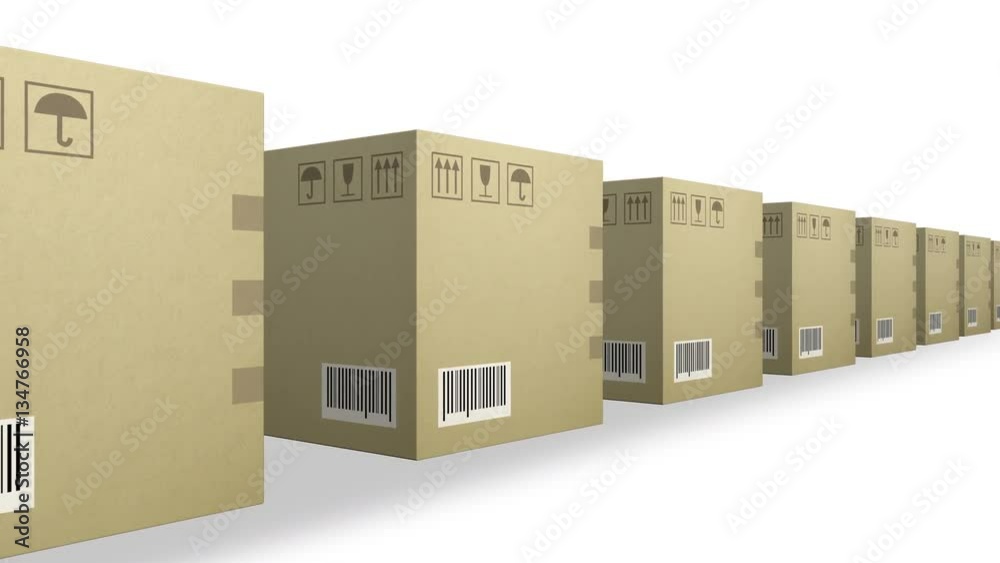moving row of corrugated cardboard box packages isolated on white background with space for your logo or text seamless loop. shipping, logistics and retail goods delivery commercial business concept moving row of corrugated cardboard box packages isolated on white background with space for your logo or text seamless loop. shipping, logistics and retail goods delivery commercial business concept