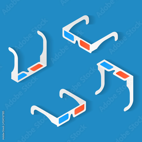 Isometric icon set of Anaglyph 3d glasses for watching movie. To