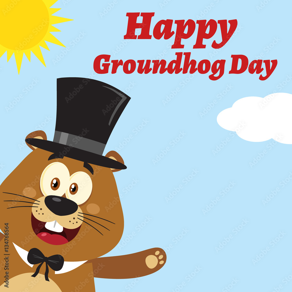 Smiling Marmot Cartoon Mascot Character With Hat Waving From Corner. Illustration Flat Design With Background And Text Happy Groundhog Day
