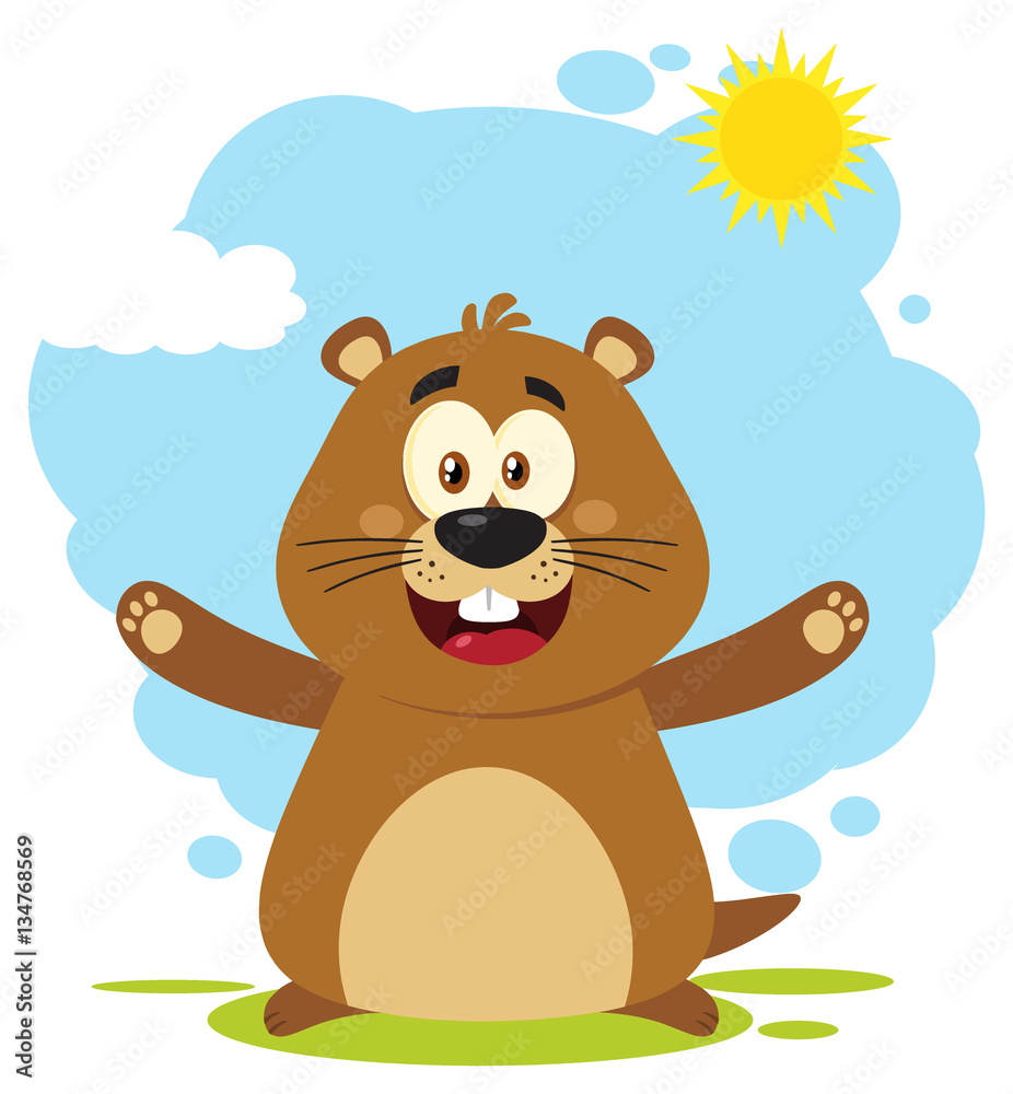 Happy Marmot Cartoon Mascot Character With Open Arms. Illustration Flat Design With Background Isolated On White Happy Marmot Cartoon Mascot Character With Open Arms. Illustration Flat Design With Background Isolated On White