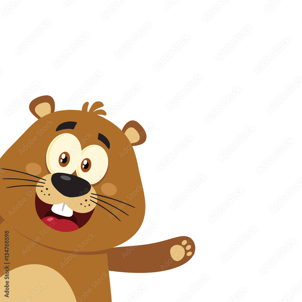 Fototapeta premium Cute Marmot Cartoon Mascot Character Waving From Corner. Illustration Flat Design Isolated On White Background