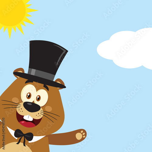 Happy Marmot Cartoon Mascot Character With Cylinder Hat Waving From Corner. Illustration Flat Design With Background