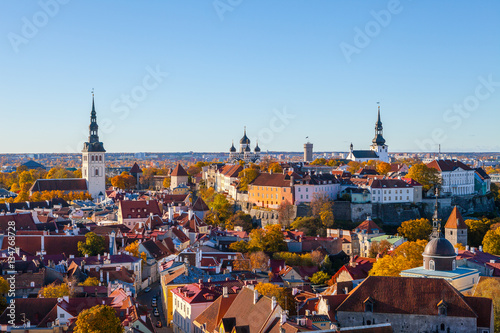 Niguliste church, Nevski Cathedral, Pikk Herman tower and Dome church. Towers and red roofs of old Tallinn, Estonia. Aerial view.