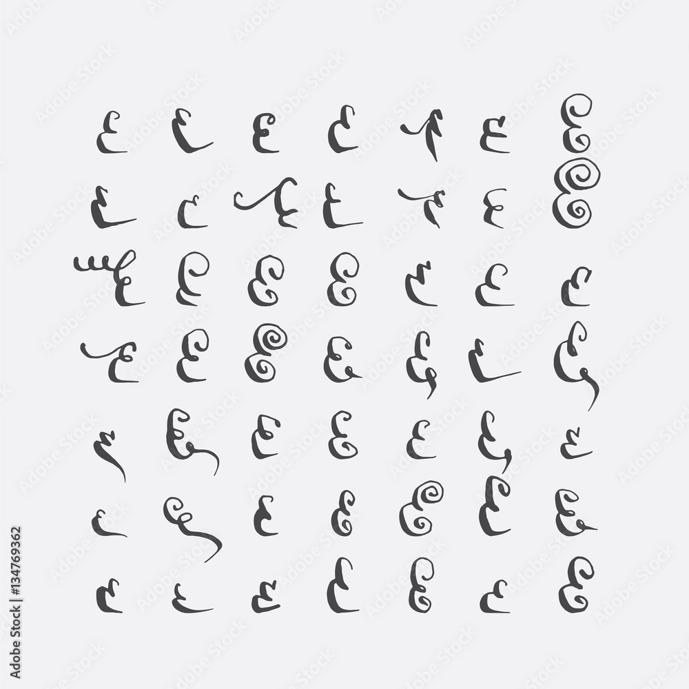 Vector set of calligraphic letters E, handwritten with pointed nib, decorated with flourishes and decorative elements. Isolated on grey black imperfect letters sequence. Various shapes collection.