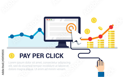 Pay Per Click flat style banner. Internet advertising, online business concept. Modern illustration for web design, marketing and print material.