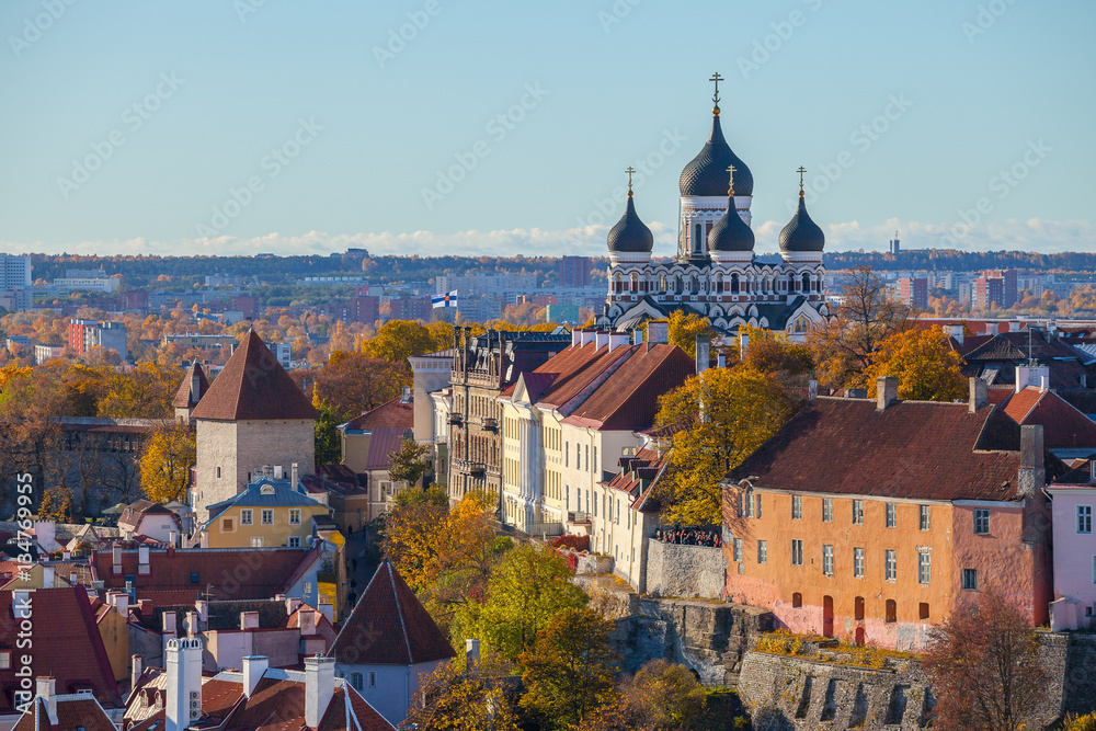 Toompea hill with tower Russian Orthodox Alexander Nevsky Cathedral view from the tower of St. Olaf church, Tallinn, Estonia