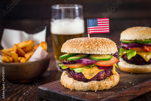 American Burger and a Glass of Beer