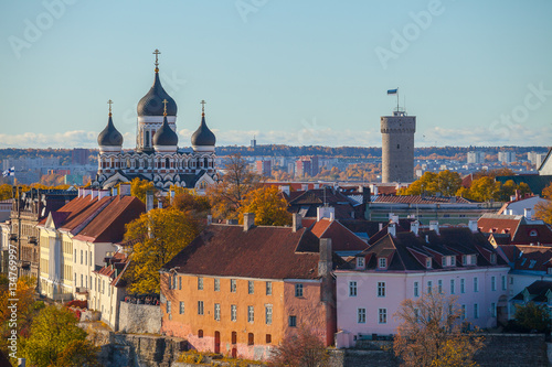 Toompea hill with tower Pikk Hermann and Russian Orthodox Alexander Nevsky Cathedral, view from the tower of St. Olaf church, Tallinn, Estonia