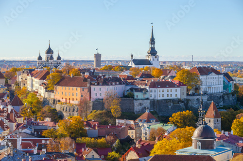 Old town and Toompea hill with tower Pikk Hermann and Russian Orthodox Alexander Nevsky Cathedral and Dome Church, view from the tower of St. Olaf church, Tallinn, Estonia