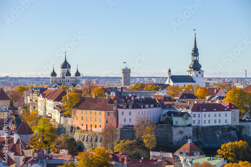 Old town and Toompea hill with tower Pikk Hermann and Russian Orthodox Alexander Nevsky Cathedral and Dome Church, view from the tower of St. Olaf church, Tallinn, Estonia