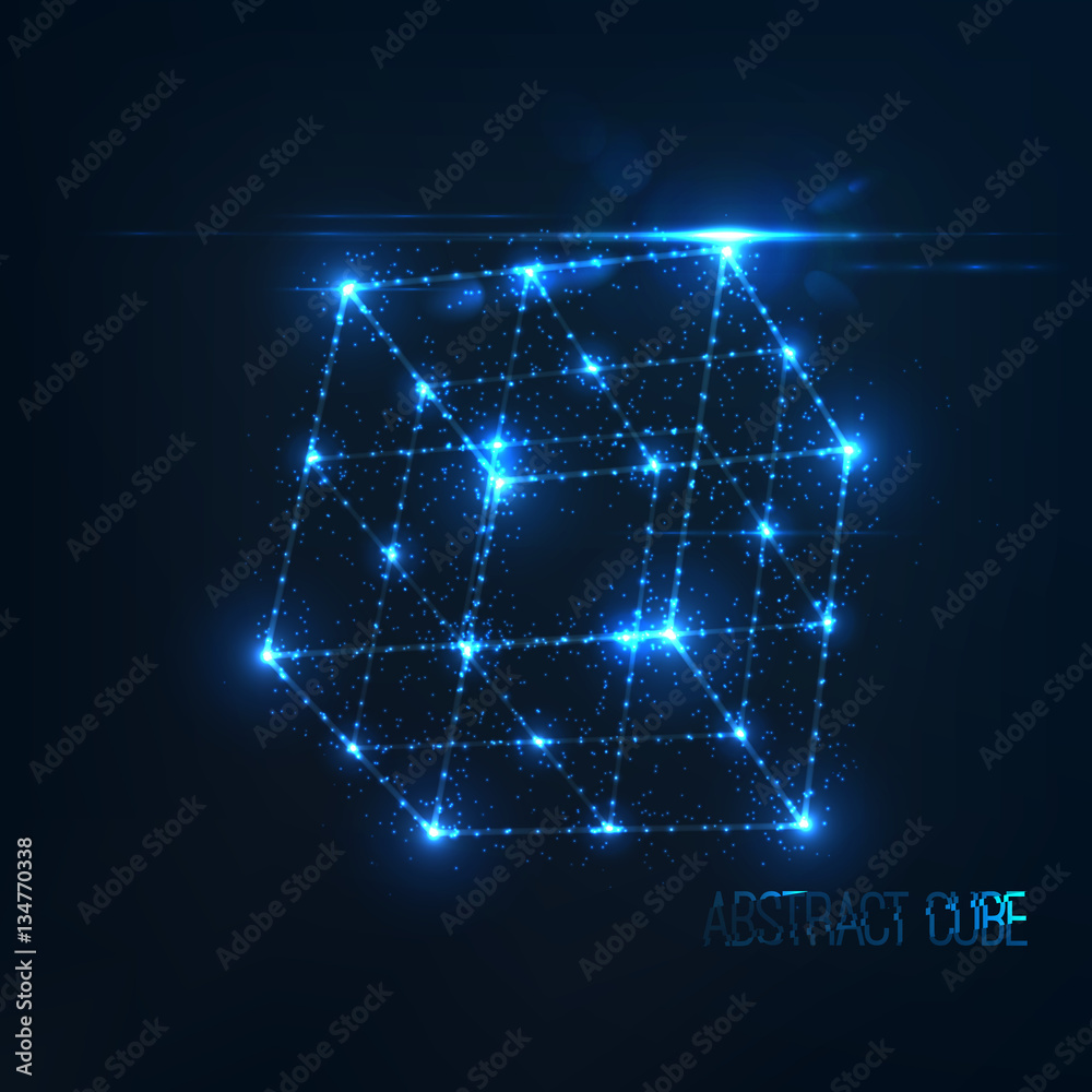Neon cube in perspective with lens flare and glowing particles