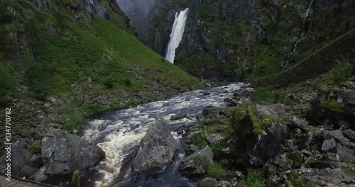 Drone shot of Vøringsfossen, Norway, bridge