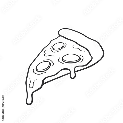 Vector illustration. Pizza slice with melted cheese and pepperoni. Hand drawn doodle. Cartoon sketch. Decoration for greeting cards, posters, emblems