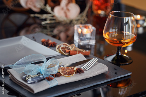 Table place setting with holidays decoration