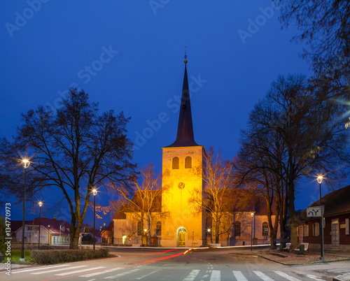 Night illuminated Lutheran church in Paide, Estonia. Classic Baltic Kirche