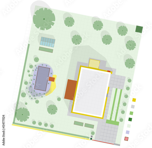 Garden project at family home in plan. Project of garden includes swimming pond, fruit trees, shrubs, driveway, greenhouse. Planning garden for relaxing and productive part. Flat vector illustration