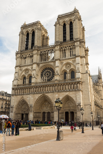 Notre Dame de Paris Cathedral front view with doves, Paris. France
