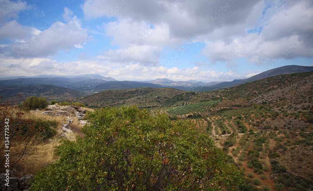 Naklejka premium Landscape around Mycenae and ruins of the ancient city