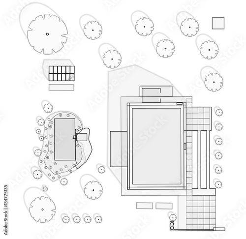 Garden project at family home in plan. Project of garden includes swimming pond, fruit trees, shrubs, driveway, greenhouse. Planning garden for relaxing and productive part. Outlined vector
