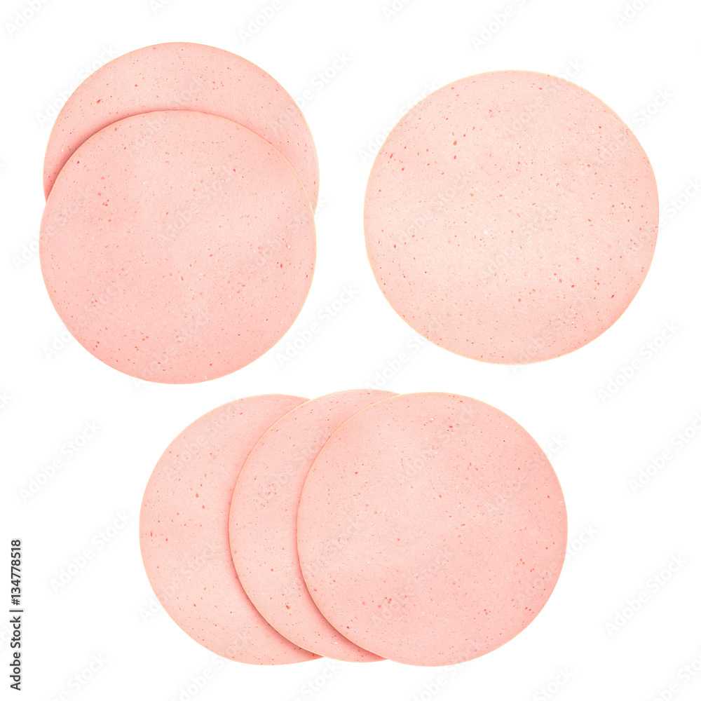 Sliced boiled ham sausage isolated on white background, top view.Set, collection, 3 options Sliced boiled ham sausage isolated on white background, top view.Set, collection, 3 options