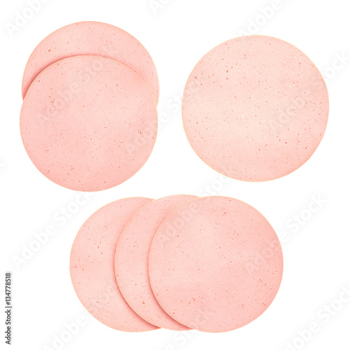Sliced boiled ham sausage isolated on white background, top view.Set, collection, 3 options