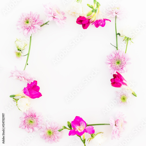 Frame of pink flowers isolated on white background, Flat lay, Top view