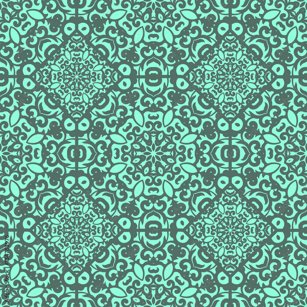 Vector seamless pattern with bright green ornament. Tile in Eastern style. Ornamental lace tracery. Ornate swirl geometrical decor for wallpaper. Traditional arabic mosaic design