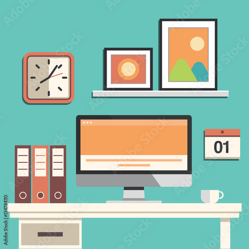 Flat design office workspace. Creative desktop 