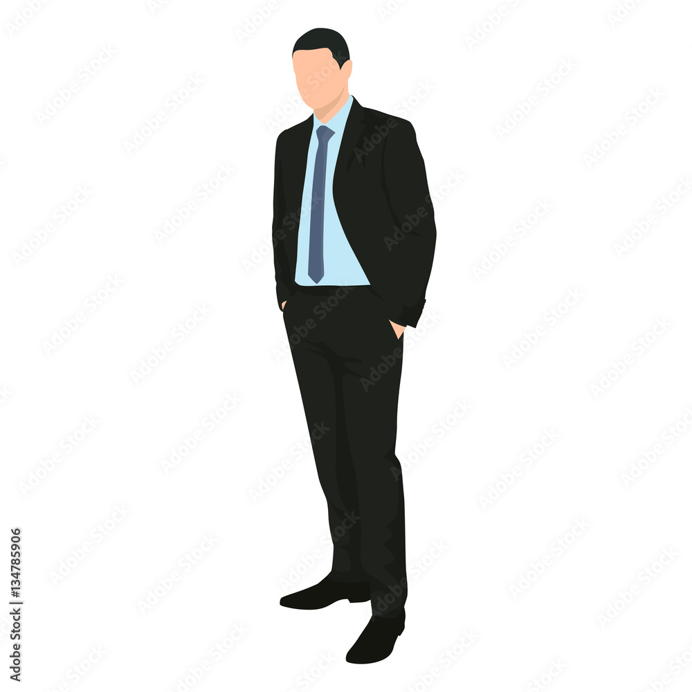 Business man standing in dark suit with hand in his pocket, isolated vector drawing, flat design icon Business man standing in dark suit with hand in his pocket, isolated vector drawing, flat design icon