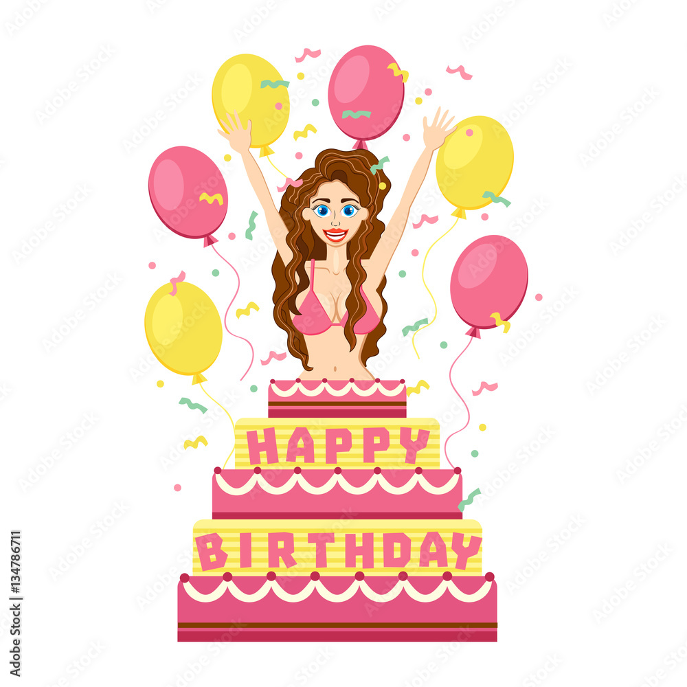 Vector funny illustration with sexy girl, a huge cake, balloons and  confetti. Happy Birthday. Beautiful brunette in a pink bikini. Holiday  card. Stock Illustration | Adobe Stock