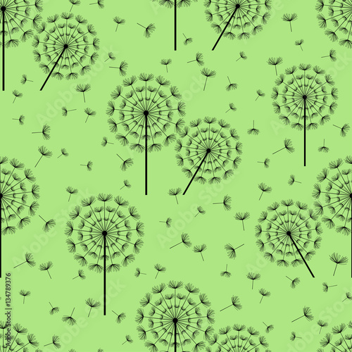 Green seamless pattern with black dandelions fluff