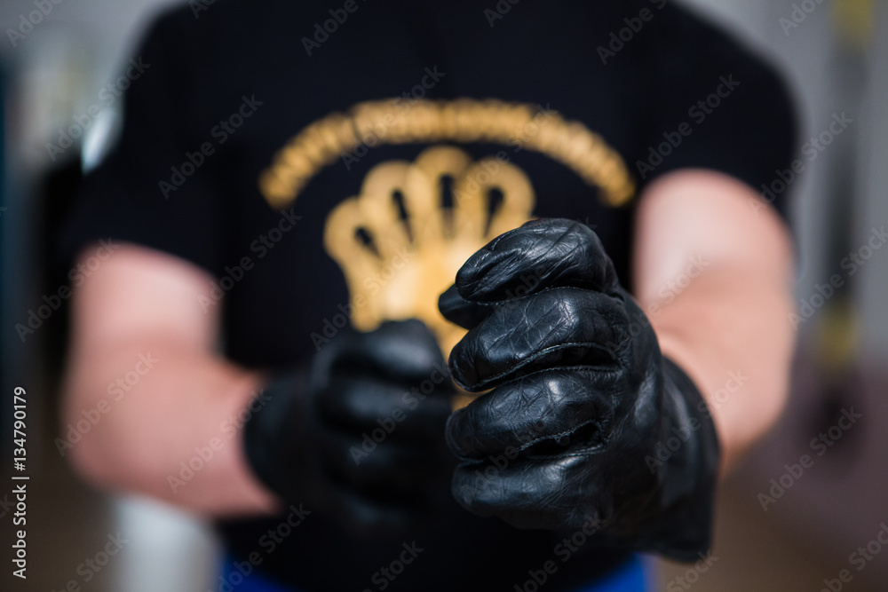 Close up of a Krav Maga Fighter wearing gloves in fighting position