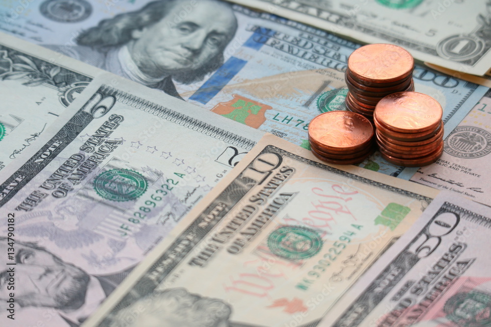 Fotografie US dollar cash, banknote, coin stack background, finance concept