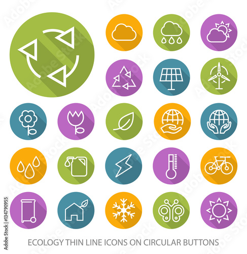 Set of Elegant Universal Ecology Minimalistic Thin Line Icons on Circular Colored Buttons on White Background