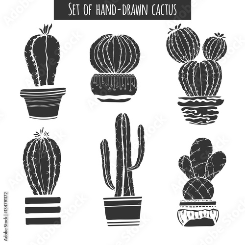 Set of black isolation of cacti on a white background. Vector illustration.