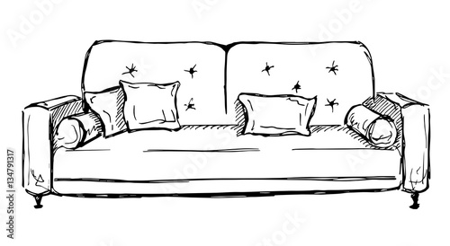 Sofa isolated on white background. Vector illustration in a sketch style.