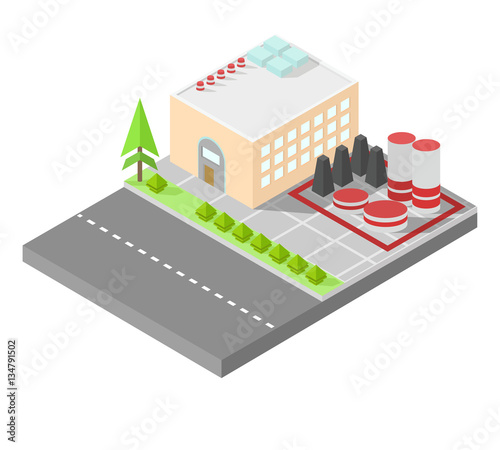 Isometric home. The factory with storage tanks. Road, green bushes in front of house. Vector illustration isometric style.