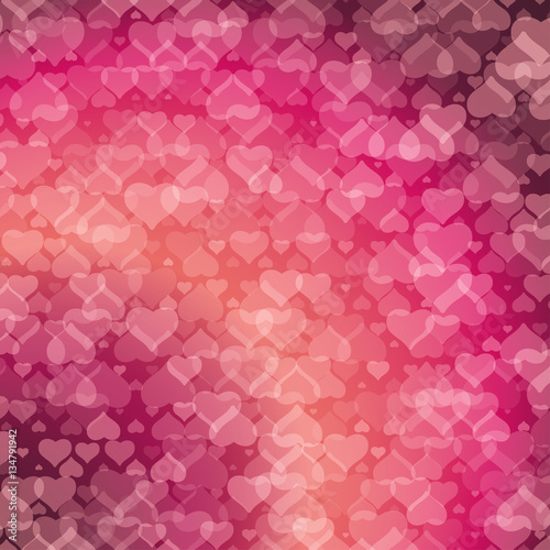 Vector Happy Valentine's Day gradient light red and pink background with heart silhouettes different transparency.