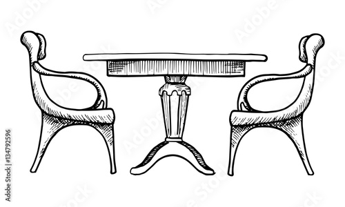 Two chairs and a table. Vector illustration in a sketch style.