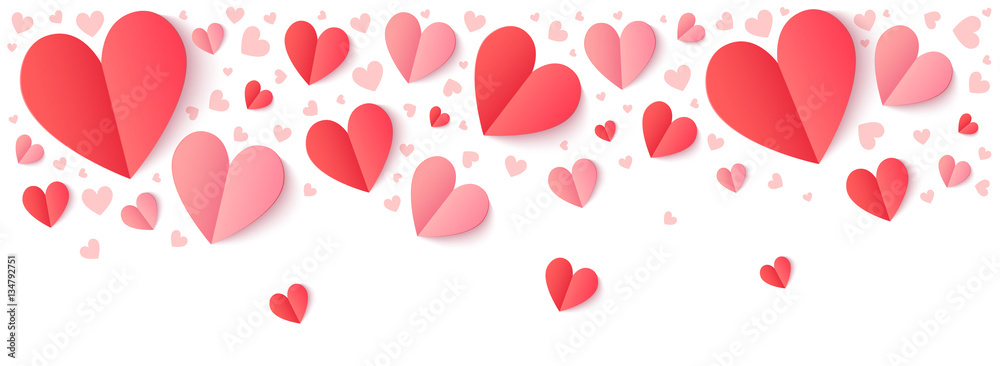 Red and pink paper hearts with shadow, Valentines Day vector border