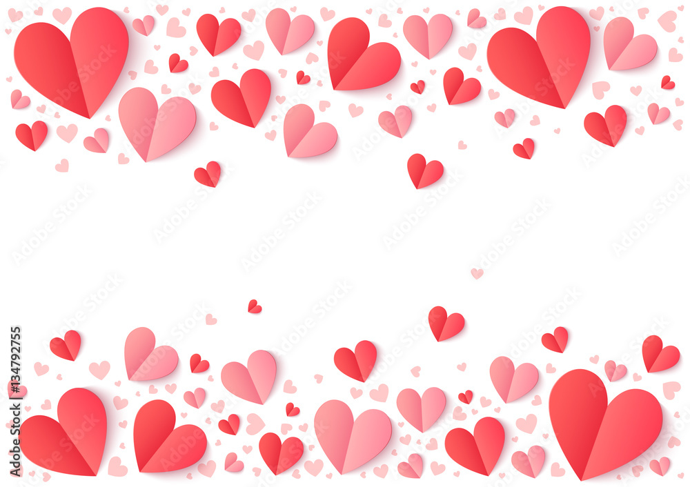 Red and pink paper hearts isolated on white, Valentines Day vector background