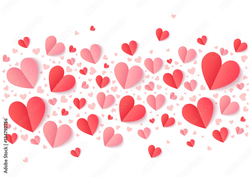 Valentines Day pink and red hearts line, vector holiday background