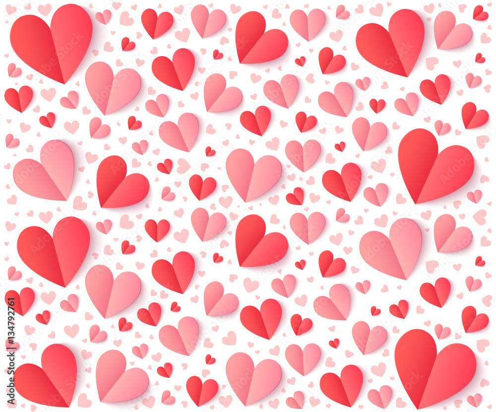 Pink and red folded paper hearts vector pattern